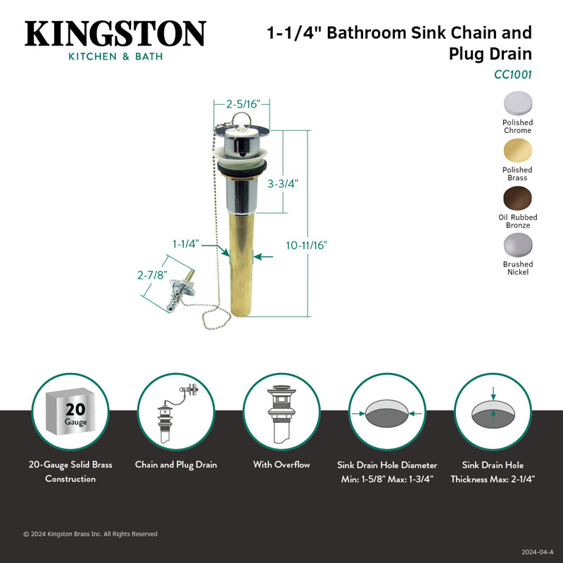 Kingston Brass Vintage Brass Chain and Plug Bathroom Sink Drain with Overflow, 20 Gauge, Polished Chrome