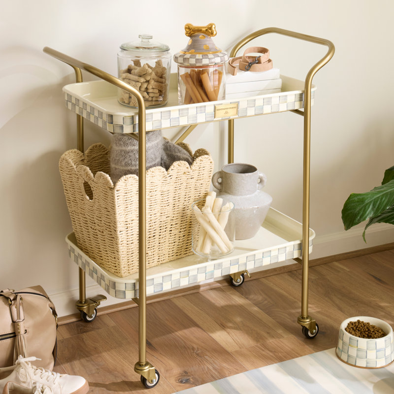Mocha Check 2-Tier Kitchen Cart, Brass/Gold/White