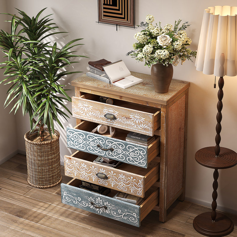 Commode 4 tiroirs, coffre de rangement rustique pour chambre à coucher, salon