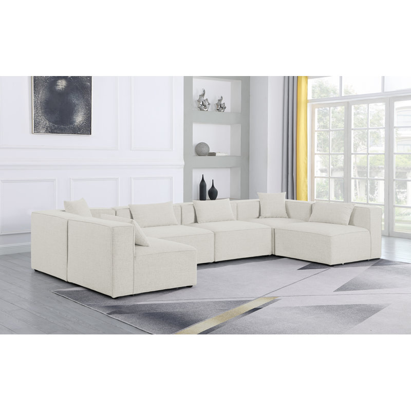 Olayemi Upholstered U-Shaped Sectional Reversible, Cream Linen Textured Fabric