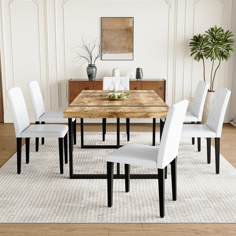 Modern Rectangular Dining Table Set For 6| 71″ Wood & Metal Table With Chairs, Dark Wood, White, 7 Pieces: Table, 6 Chairs