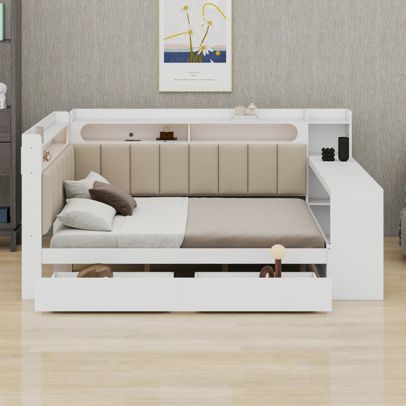 Lit de jour avec tablettes de rangement, bureau, charge, bureau, tête de lit douillette, Blanc