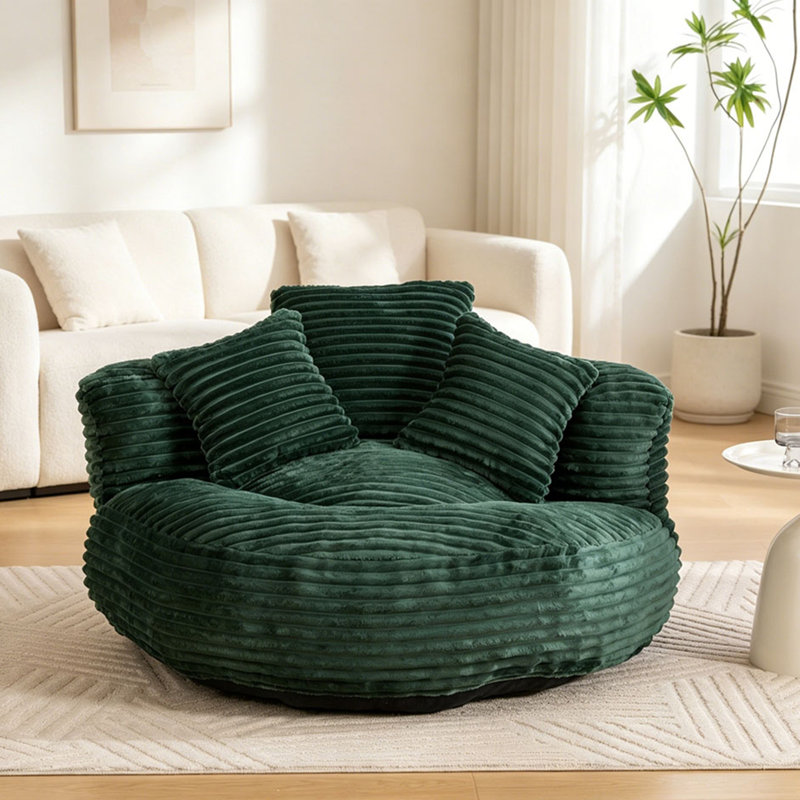 Fauteuil à billes surdimensionné en velours côtelé avec 3 coussins et accoudoirs, Émeraude