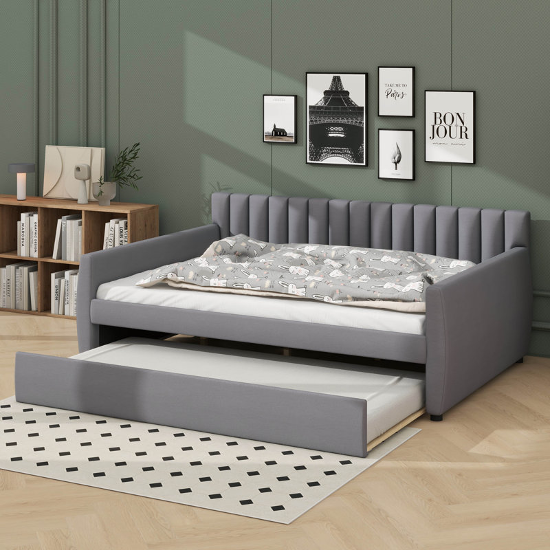 Full-Sized Upholstered Daybed With An Integrated Trundle, Gray