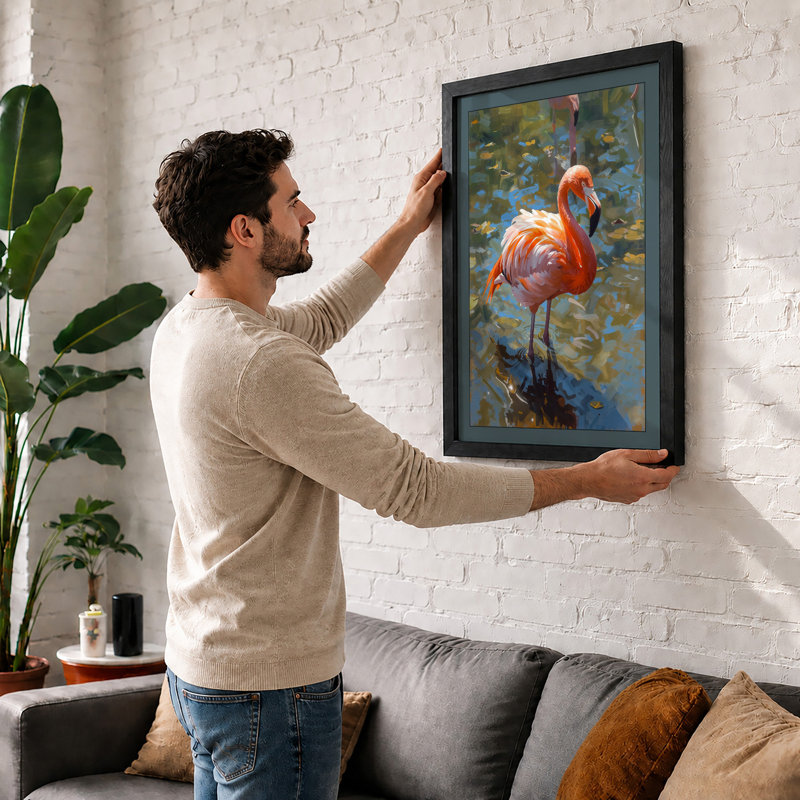 Flamingo In Still Water Coastal - Print, A3 - 42.0 x 29.7 cm, White