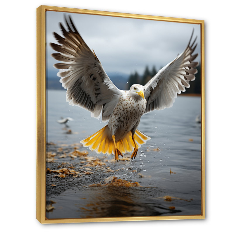 Coastal Seagull Soaring - Nautical & Beach Wall Art Living Room, H 32 po x l 24 po x P 1 po, Cadre flottant doré