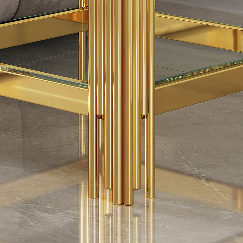 Table de bout en verre trempé à double couche supérieure et inférieure avec cadre en acier inoxydable à finition miroir