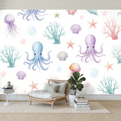 Wall Mural Peel and Stick Wallpaper Sea animals blue watercolor ocean seamless pettern fish turtle whale Self-Adhesive Removable Contact Paper Wall Decor for Living Room Bedroom 100"H x 144"W