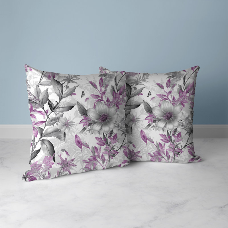 Pink and Gray Floral Broadcloth Square Throw Pillow
