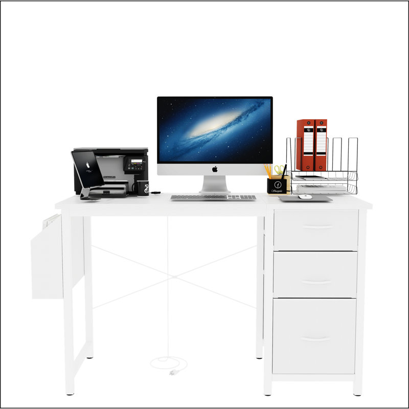 Bureau de 47,3 po avec prise de courant, 3 tiroirs, poche latérale, bureau d'étude facile à assembler, stabilité de la structure réversible pour le bureau personnel, le bureau d'ordinateur de la compagnie, la table de jeu, la coiffeuse