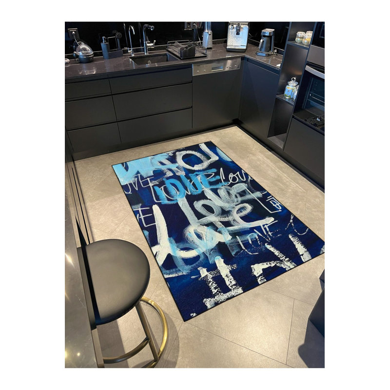 Tapis bleu tissé lavable à la machine, Carré 3 pi 3 po