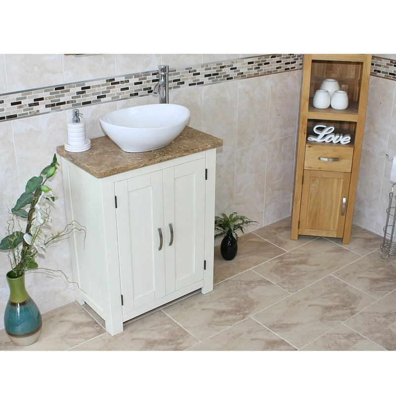 Rodarte 650mm Single Bathroom Vanity with Vessel Ceramic Basin, White, Travertine