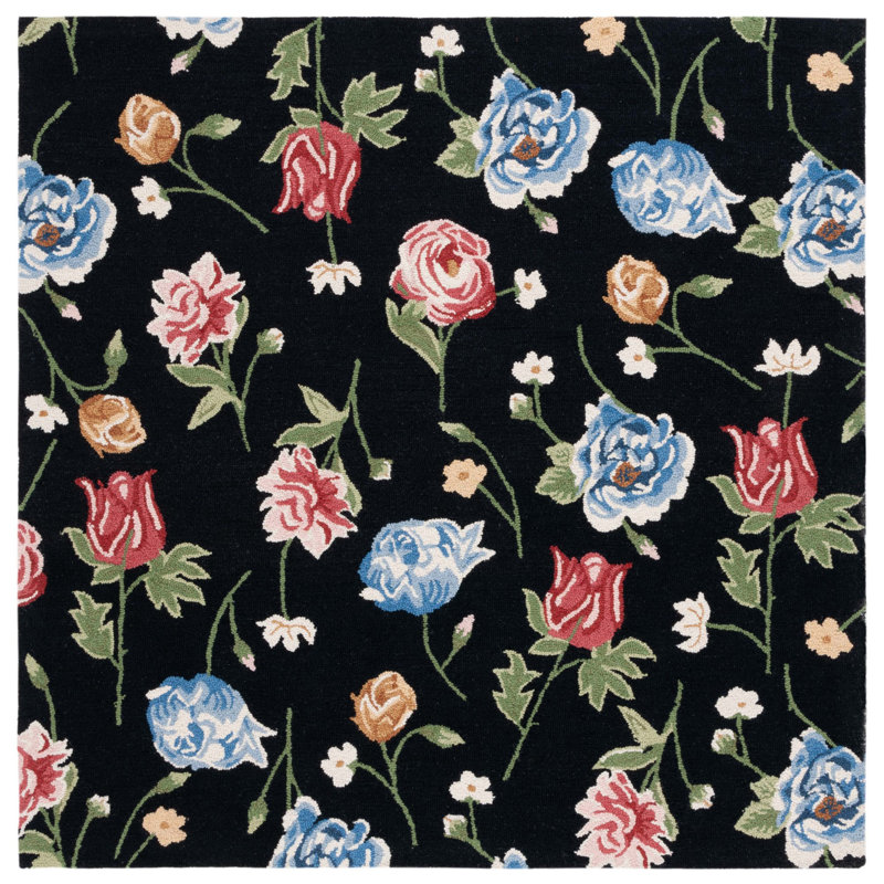 Leitha Hand Tufted Wool/Cotton Floral Rug in Black/Red, Square 6'