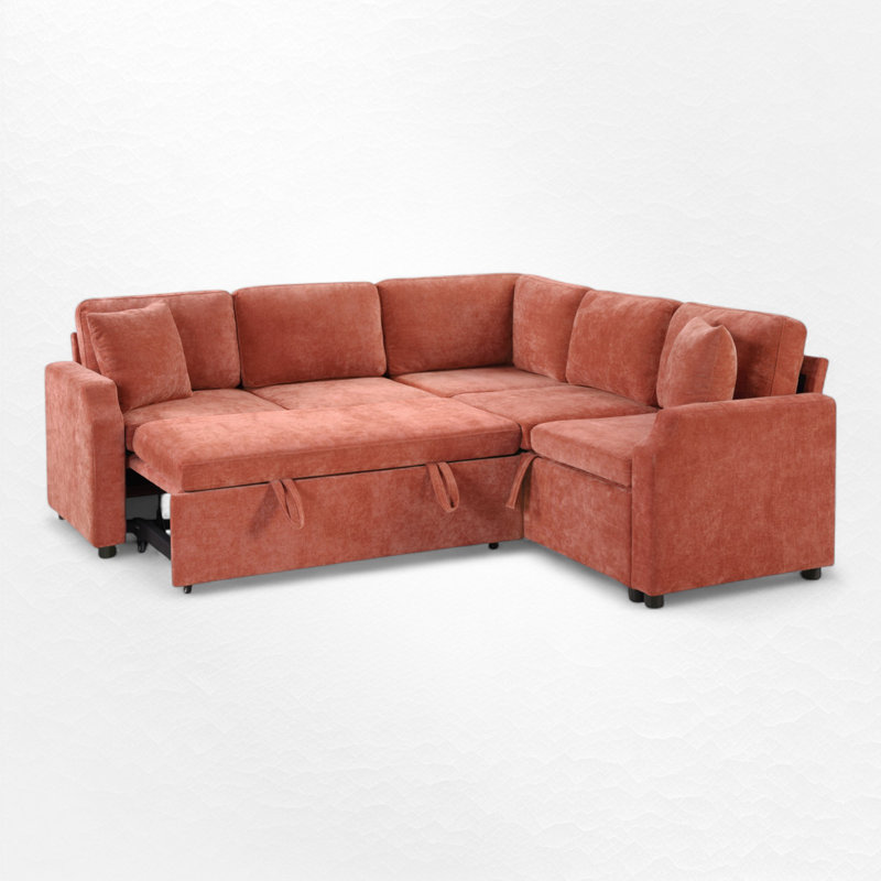 L-Shaped Sectional Sofa Bed With Storage, Orange Chenille