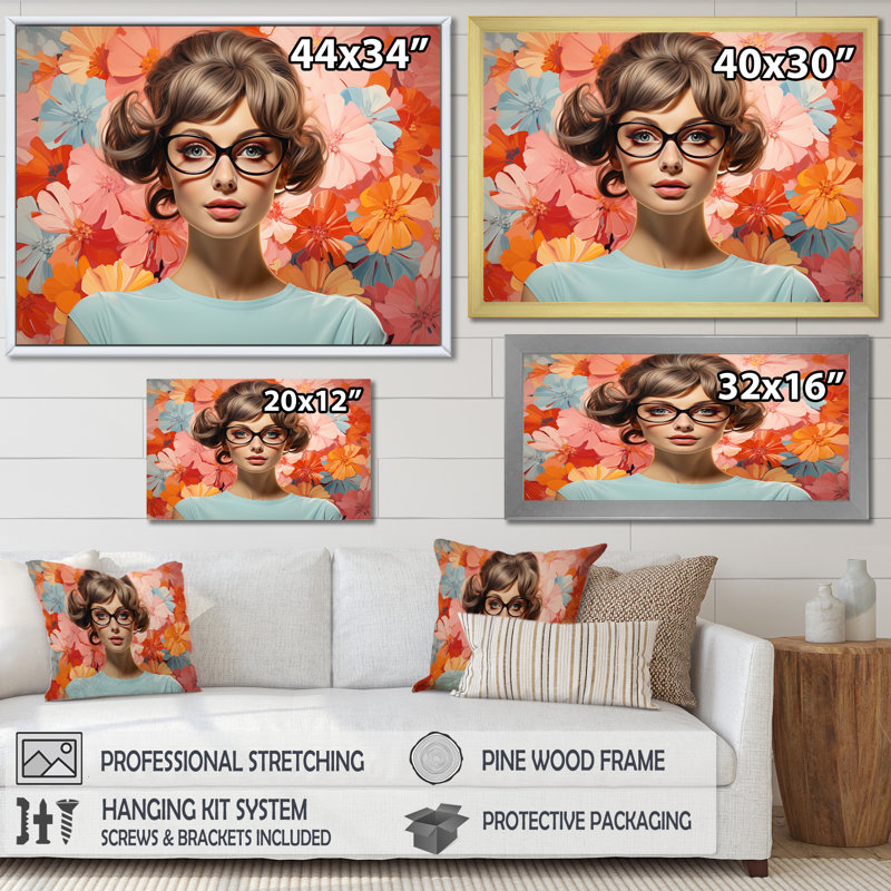 «Retro Floral Mid Century Woman Elegance III», art mural mode, Toile tendue, H 12 po x l 20 po x P 1 po