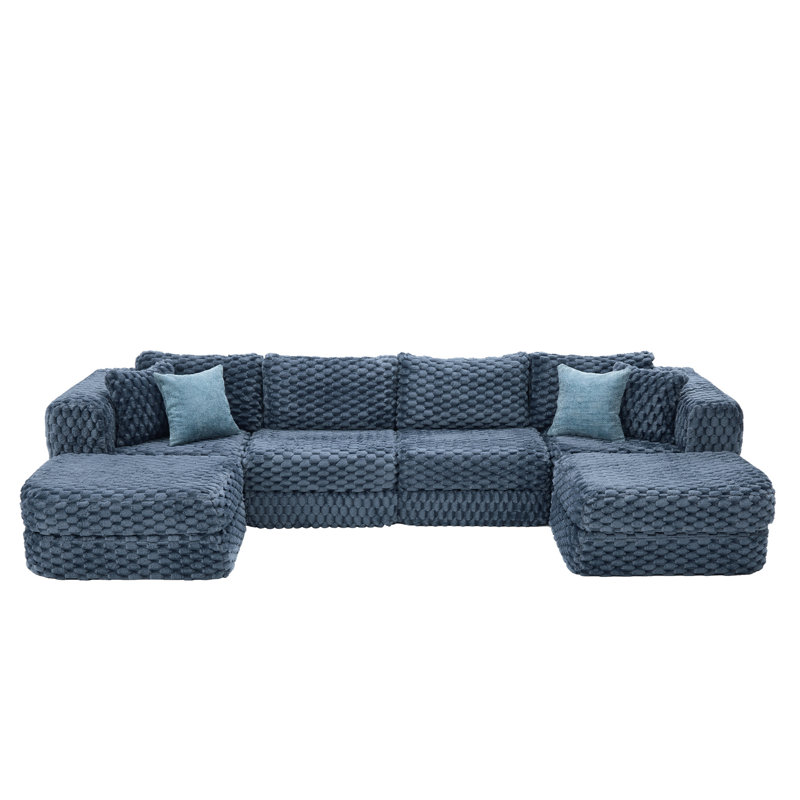 135'' Upholstered Boneless U-Shape Sectional With Ottomans, No Assembly Required, Blue Polyester