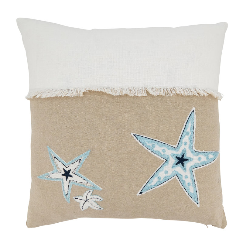 Beige and White Embroidered Starfish Cotton Throw Pillow, 18" x 18"