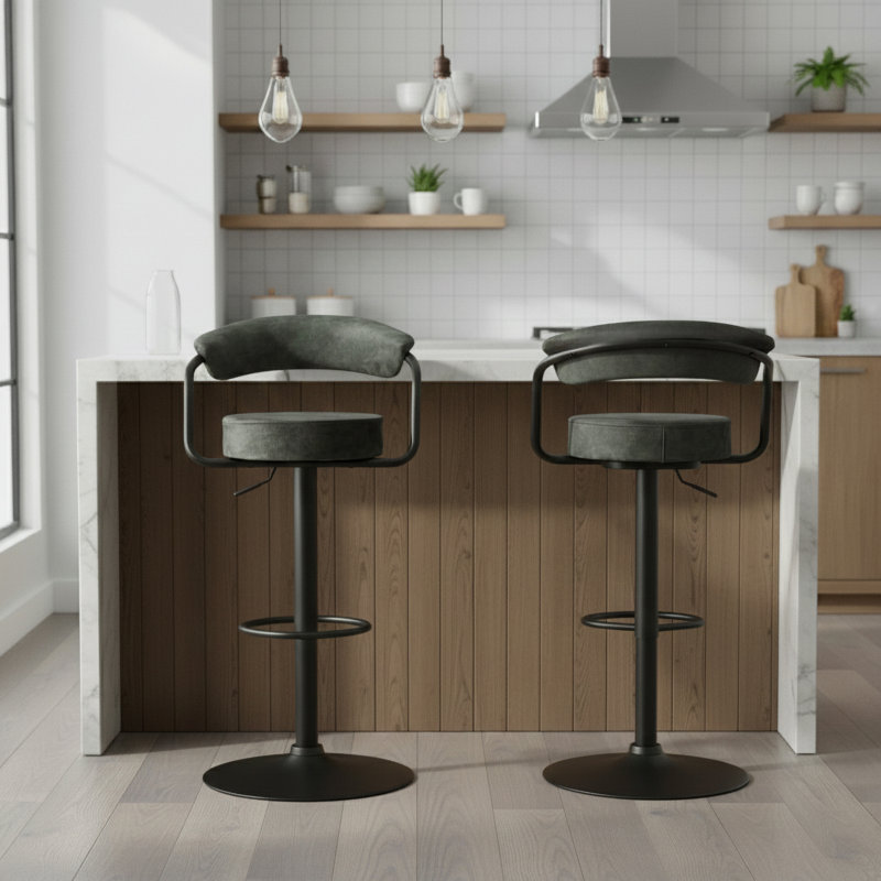Swivel Upholstered Adjustable Height Counter Stool with Metal Frame, Green