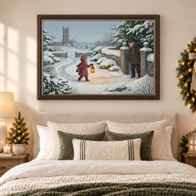 «Winter Village with Child with Lantern And Church Christmas», art mural sur toile