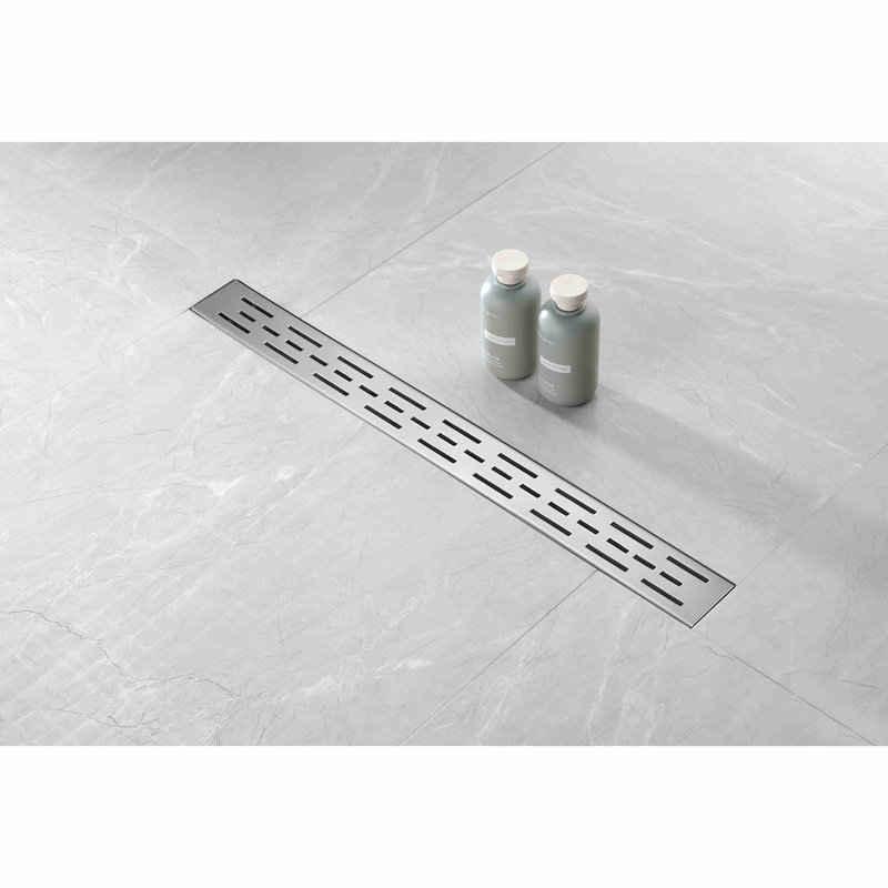28 Inch Linear Shower Drain With Removable Brick Patterned Grate Cover, 304 Stainless Steel Shower Floor Drain With Hair Strainer And Leveling Feet