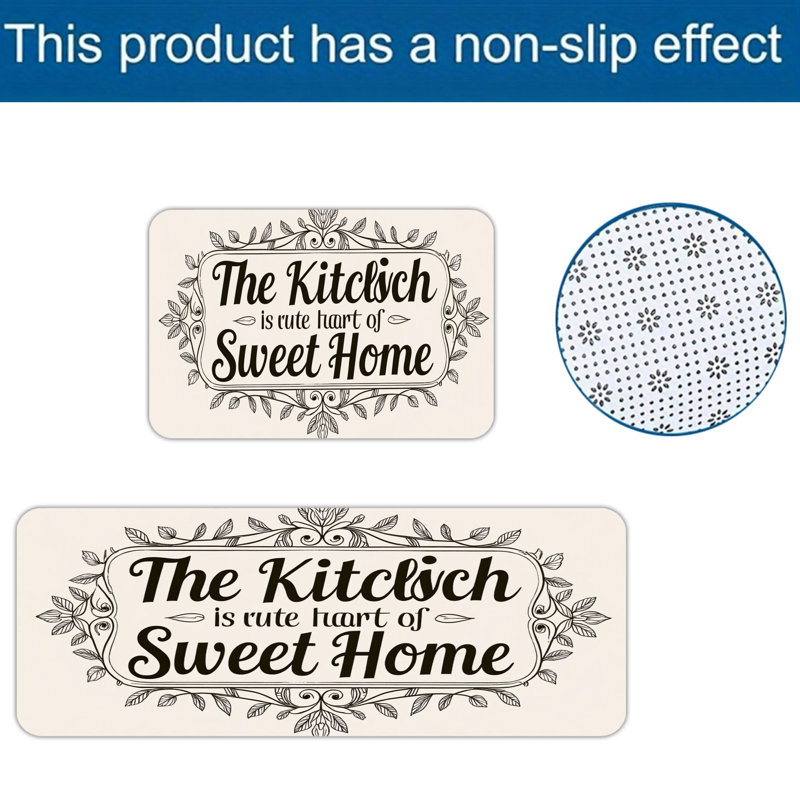 Vintage Floral Framed Kitchen Quote 2 Piece Kitchen Rugs for Decor, Kitchen Counter, Beige