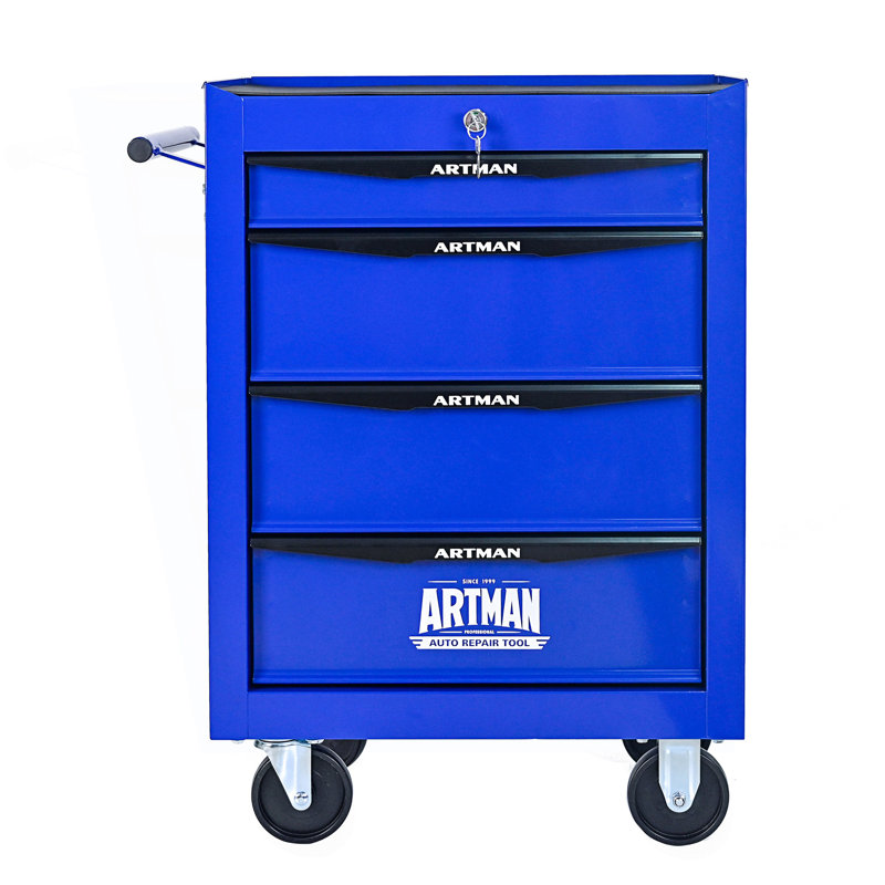 Coffre à outils roulant en métal avec 4 tiroirs, armoire d'appoint, Noir / Bleu
