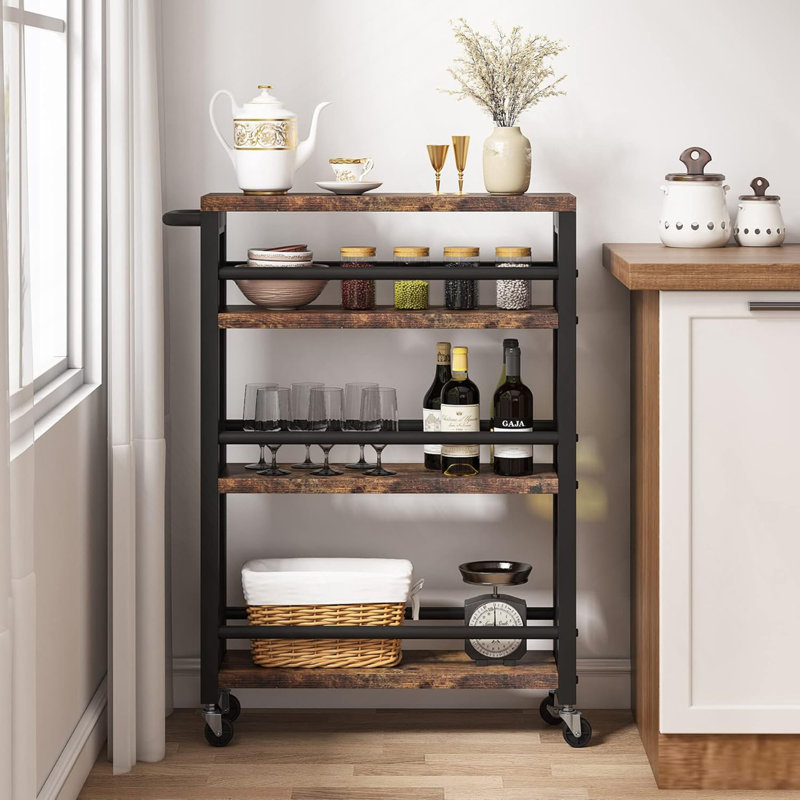 Chariot utilitaire à roulettes 20 po à 4 niveaux avec roulettes, chariot de rangement étroit pour la cuisine pour petits espaces, étagère à épices en bois et en métal, étagère mobile pour garde-manger, salle de bain - brun et noir