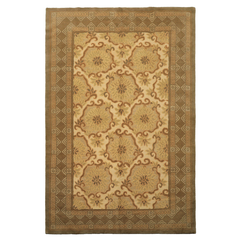 Tapis tibétain beige en laine et en soie noué à la main 6 x 9 Tibetano
