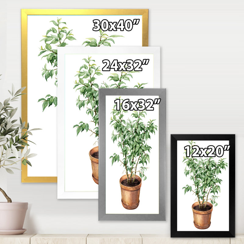 Ficus benjamina dans un pot de fleurs en argile - peinture sur toile, H 20 po x l 12 po x P 1po, Cadre doré