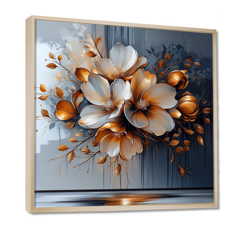 Fleur transitionnelle dorée abstraite II - art mural floral abstrait, H 36 po x l 36 po, Impression encadrée flottante