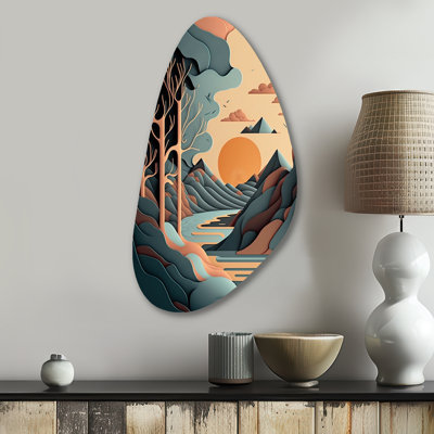 «Mountain Trees In Retro Graphic Blue - Landscape Mountains Fall Shape Assymterical», art mural en métal