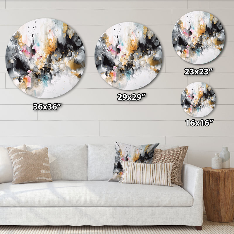 «White and Grey Geometric Profondeurs III», art mural rond abstrait géométrique sur métal, H 29 po x l 29 po x P 1 po