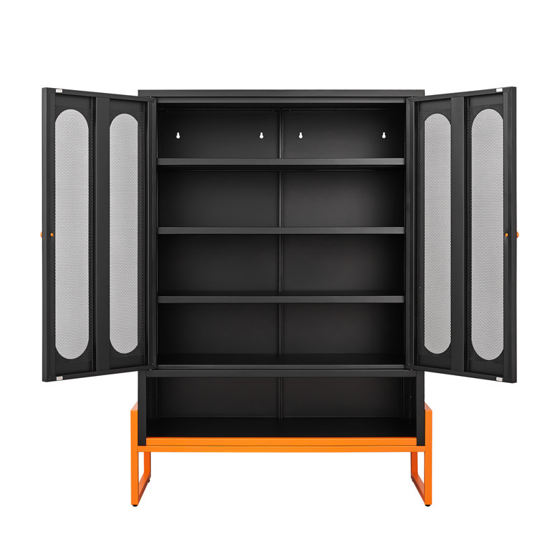 Double - Sided Mesh Door Shoe Cabinet With 5.9" High Standing Foot, Adjustable Partitions For Custom Storage Plans, Hollow Base Sweeping Robot Access, Powder Coated Black Metal, Modern Freestanding