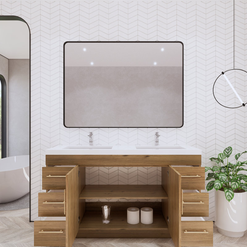 Meuble-lavabo sur pied avec lavabo en acrylique renforcé Verda, Chêne naturel