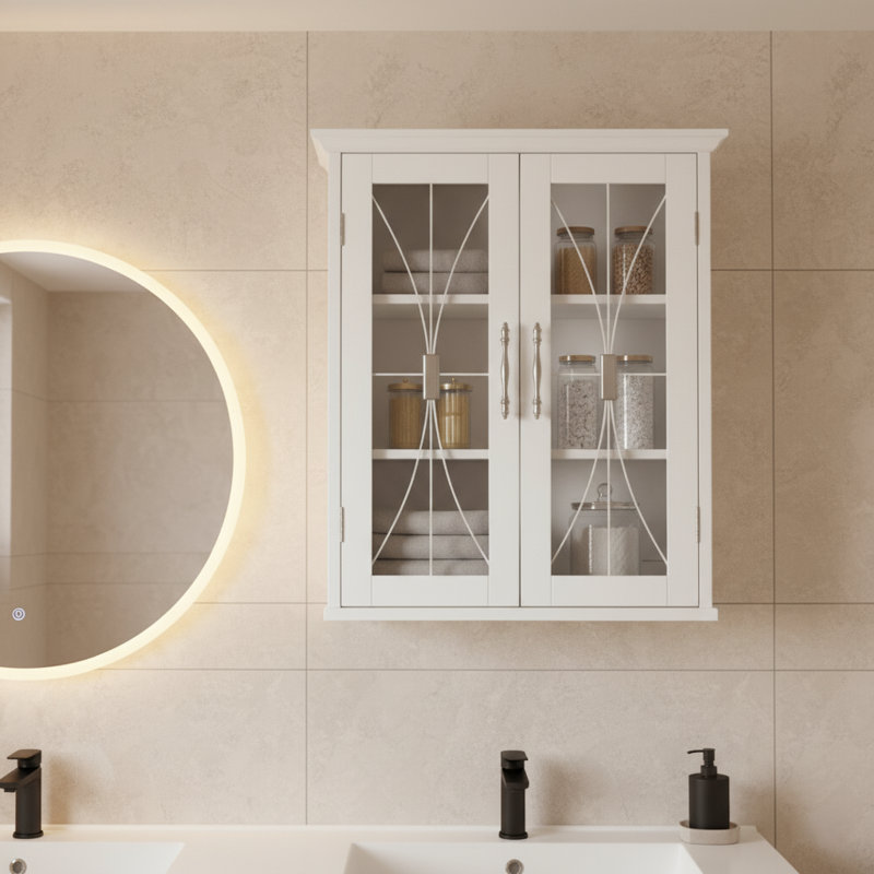 Northshire Removable Two-Door Wall Cabinet with Tempered Glass Doors & Adjustable Shelves For Bathroom Storage
