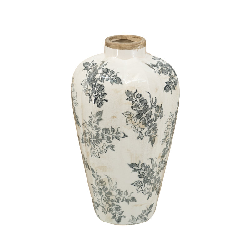 Vase en céramique 8 x 8 x 13,5 po avec motif floral gris, H 13,6 po x l 8,1 po x P 8,1 po