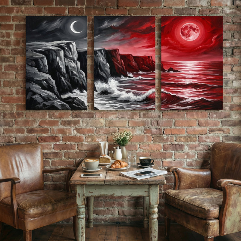 Paysage et nature, falaises au clair de lune, vagues de l'océan rouge, ciel nocturne, H 24 po x l 48 po