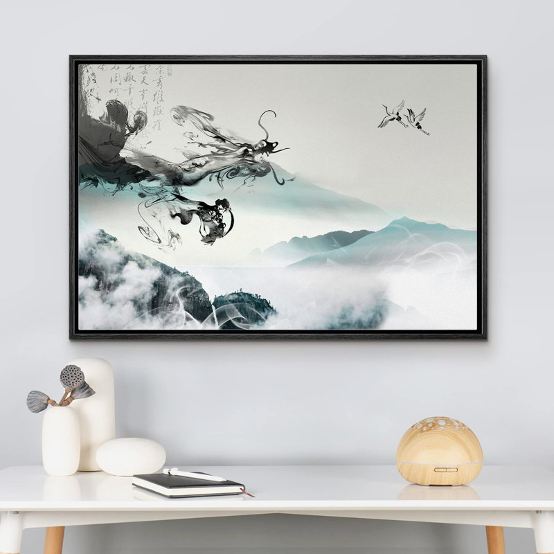 Paysage abstrait «Dragon chinois fumé à l'encre de Chine et montagnes, nature sauvage, illustrations modernes et rustiques» sur