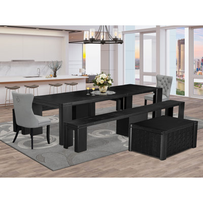 6-pc Dining Table Set a Rectangular Dining Room Table with a coffee Table and 2 wooden Benches, 2 Light Gray Kitchen Chairs, Wire Brushed Black