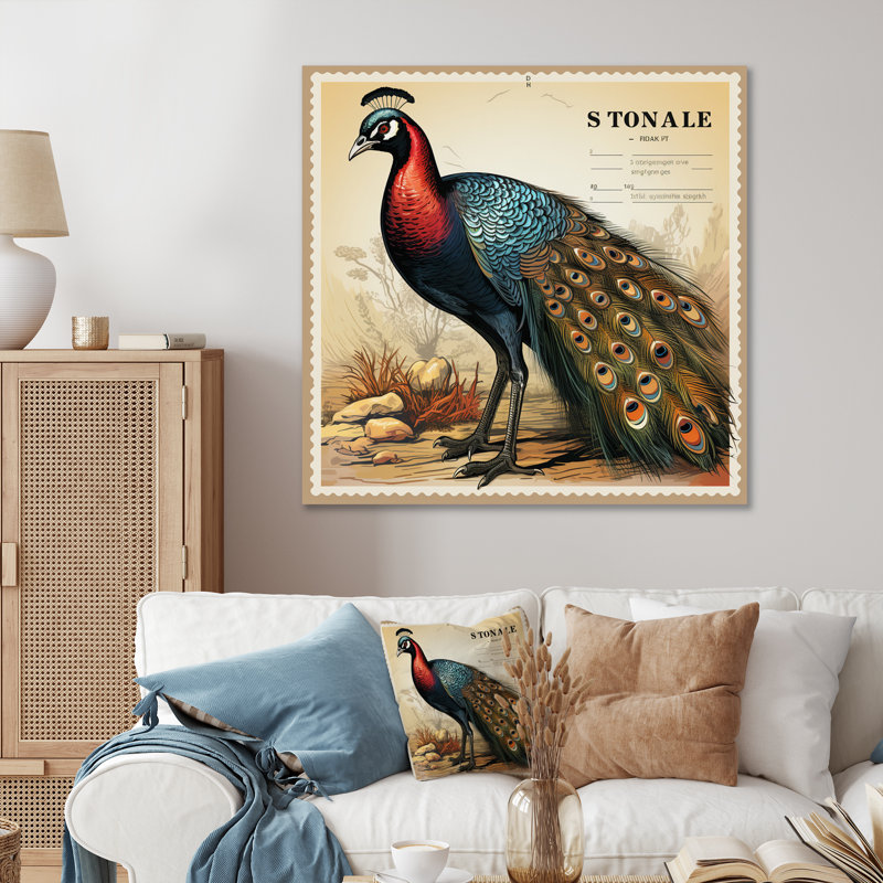 Illustration du timbre de Glorious Peacock I - reproduction sur toile, 36" H x 36" W, Black Picture Framed