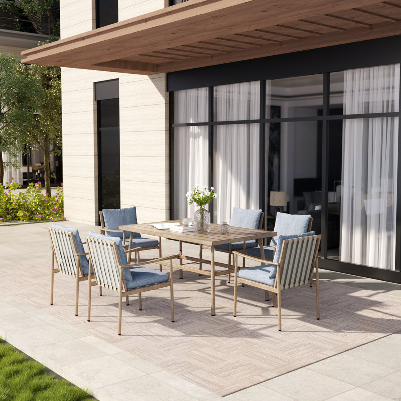 6 - Person Outdoor Aluminum Rectangular Dining Set with Cushions, Beige, Blue