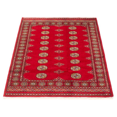 Tapis unique en laine noué à la main Bokhara rouge de 4 pi 2 po x 5 pi 8 po Peshawar