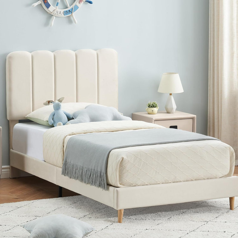 Twin Upholstered Bed Frames with Storage Drawer, Wavy Headboard, Wooden Slat Platform – No Box Spring Needed, White, White
