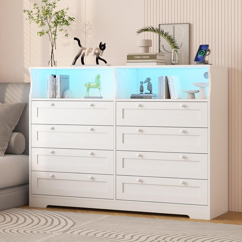 Commode 8 tiroirs 55 po de large avec rangement, DEL et station de charge, Blanc, Blanc