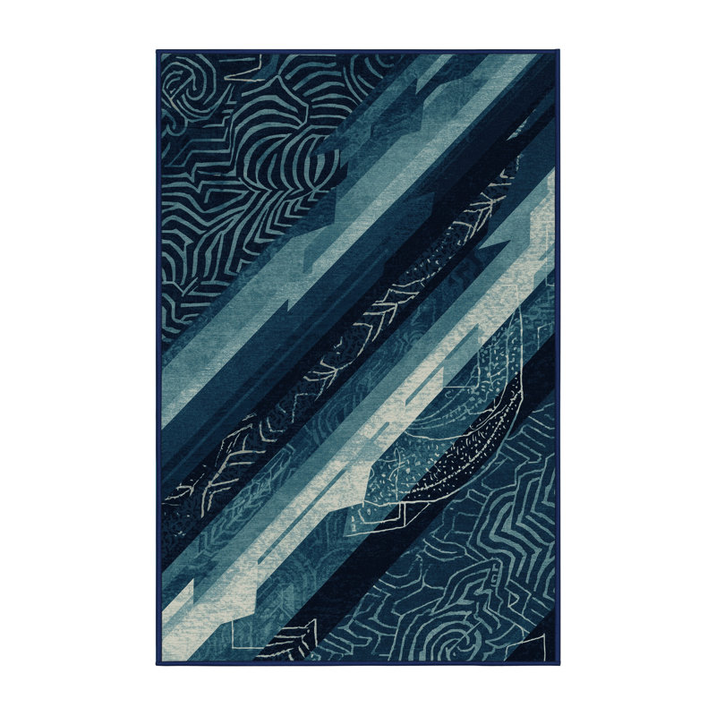 Tapis géométrique bleu et bleu marine délavé à la machine Joyce Enlil, 2 x 4