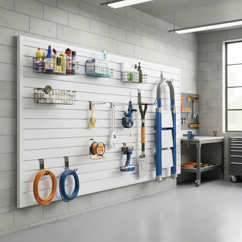 Système d'organisation de garage en panneau de PVC blanc 8 pi x 4 pi avec accessoires 30 pièces Slatwall, Blanc