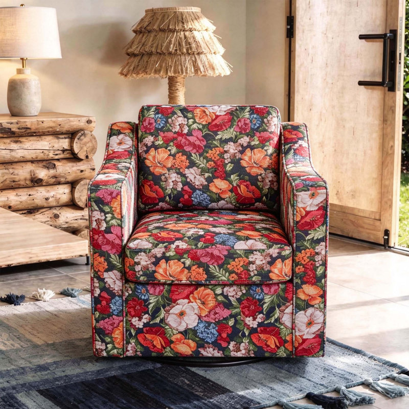 Upholstered Swivel Armchair, Black Floral