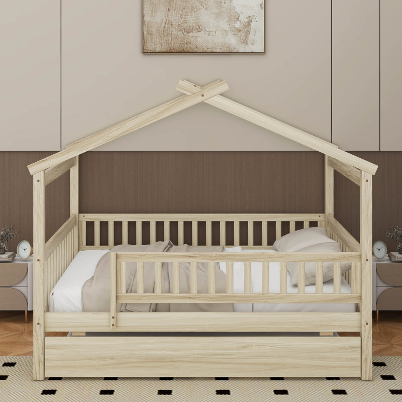 Lit double en bois avec lit gigogne, Naturel, Lit double