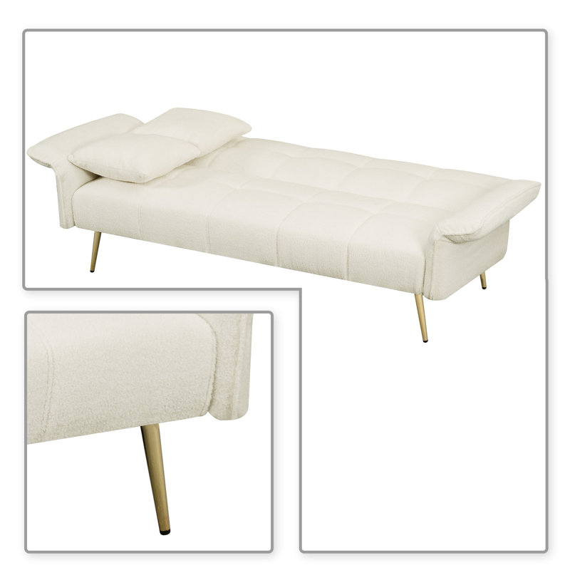 Modren Teddy Fabric Upholstered Convertible Futon Sofa Bed with Folding Armrests, White Teddy