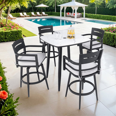 Modern 5PC Outdoor Patio Bar Set,Rounded Square Sintestone Table & 4 Swivel Bar Chairs,Non-Rust Aluminum Frame,Ember Black, Marble-Inspitop,Bearing Swivel Plate,Tapelegs,Sunbrella Cushion